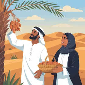 فيكتور رسم توضيحي للاحتفاء بالتقاليد والخير الوفير تحت دفء الشمس، محاصيل و منتجات زراعيه محلية وطنية، زوجان عربيان خليجيان اماراتيان يحصدان التمور فى الصحراء ،فيكتور اليستريتور