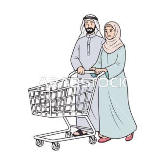 Vector illustration of the shopping concept, an Emirati Arab couple shopping and pushing a shopping cart, vector illustrator.