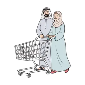 Vector illustration of the shopping concept, an Emirati Arab couple shopping and pushing a shopping cart, vector illustrator.