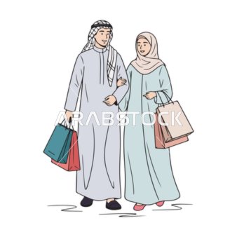 فيكتور رسم توضيحي لمفهوم التسوق،زوجان عربيان خليجيان اماراتيان يتسوقان ويحملان اكياس التسوق ، فيكتور اليستريتور