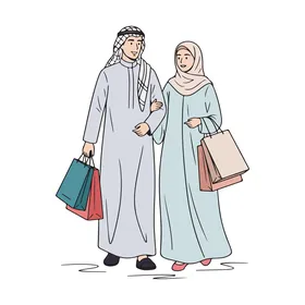 فيكتور رسم توضيحي لمفهوم التسوق،زوجان عربيان خليجيان اماراتيان يتسوقان ويحملان اكياس التسوق ، فيكتور اليستريتور