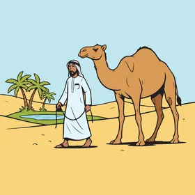 فيتكور رسم توضيحي لمفهوم الاهتمام والعناية بالثدييات وحيوان الجمل، رجل عربي خليجي اماراتي يرتدي الكندورة والغترةيقود جملاً في الصحراء بالقرب من الواحة، فيكتور اليستريتور