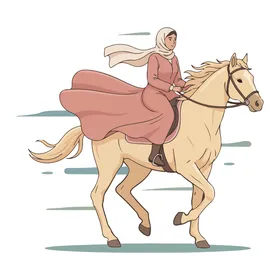 توارث حب الجياد من الاجداد, رسم توضيحي لامراه عربيه خليجية سعوديةترتدي العباءه والحجاب تمتطي الخيل ، فيكتور اليستريتور