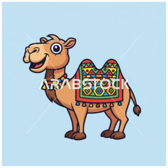 Vector illustration of a smiling camel with a colorful saddle, light blue background, vector illustrator.