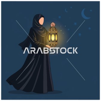 فيكتور رسم توضيحي لامرأة ترتدي العباءه والحجاب تحمل فانوسًا في الليل مع هلال ونجوم، اعياد ومناسبات اسلاميه، فيكتور اليستريتور