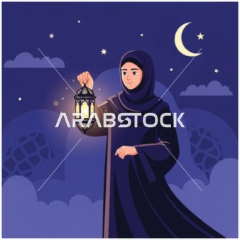 فيكتور رسم توضيحي لامرأة ترتدي العباءه والحجاب تحمل فانوسًا في الليل مع هلال ونجوم، اعياد ومناسبات اسلاميه، فيكتور اليستريتور