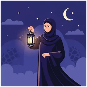 فيكتور رسم توضيحي لامرأة ترتدي العباءه والحجاب تحمل فانوسًا في الليل مع هلال ونجوم، اعياد ومناسبات اسلاميه، فيكتور اليستريتور