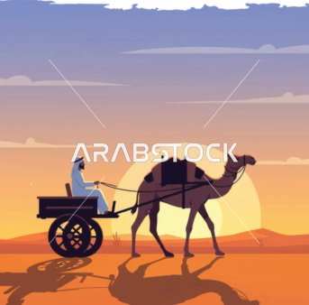 وسائل النقل القديمة ،فيكتور رسم توضيحي لرجل يركب عربة يجرها جمل في منظر طبيعي صحراوي عند غروب الشمس، فيكتور اليستريتور