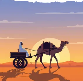 وسائل النقل القديمة ،فيكتور رسم توضيحي لرجل يركب عربة يجرها جمل في منظر طبيعي صحراوي عند غروب الشمس، فيكتور اليستريتور
