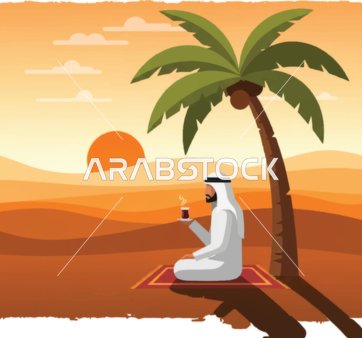 شرب المشروبات الساخنة ،فيكتور رسم توضيحي لرجل يرتدي الزي العربي التقليدي يجلس تحت شجرة نخيل في الصحراء ويستمتع بالشاي، فيكتور اليستريتور