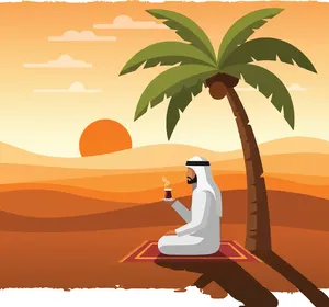 شرب المشروبات الساخنة ،فيكتور رسم توضيحي لرجل يرتدي الزي العربي التقليدي يجلس تحت شجرة نخيل في الصحراء ويستمتع بالشاي، فيكتور اليستريتور