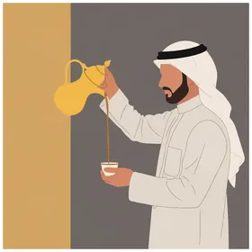 شرب المشروبات الساخنة ،فيكتور رسم توضيحي لرجل عربي خليجي اماراتي يرتدي الكندورة والغترة يصب القهوة من دلة في فنجان صغير، فيكتور اليستريتور