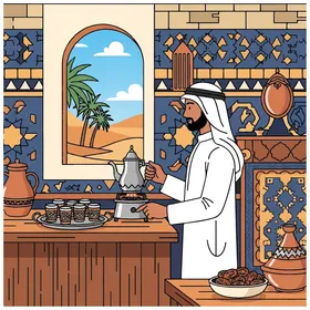 Drinking hot beverages, a vector illustration of an Arab Gulf Emirati man wearing a kandura and ghutrah preparing traditional coffee in a decorated room with a view of the desert, vector illustrator.