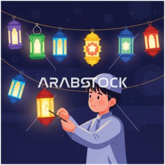 اعياد ومناسبات اسلامية ،فتى مسلم يشعل فانوسًا احتفالًا بشهر رمضان مع فوانيس زينة معلقة ، فيكتور اليستريتور