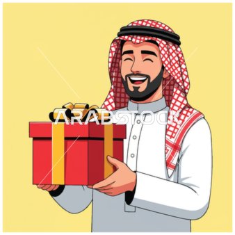 مفهوم الود والالفة، رجل عربي خليجي سعودي مبتسم يرتدي الشماغ والزي التقليدي يرتدي ملابس عربية تقليدية يحمل صندوق هدايا أحمر بشريط ذهبي ، فيكتور اليستريتور