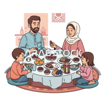 اعياد ومناسبات اسلامية ، عائلة مسلمة تتناول وجبة الإفطار معًا خلال شهر رمضان، ويفطرون على التمر والأطباق التقليدية ، فيكتور اليستريتور