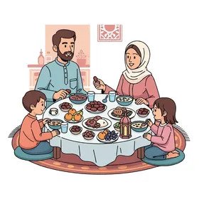 اعياد ومناسبات اسلامية ، عائلة مسلمة تتناول وجبة الإفطار معًا خلال شهر رمضان، ويفطرون على التمر والأطباق التقليدية ، فيكتور اليستريتور