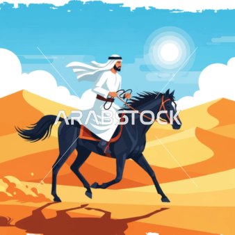ركوب الخيل العربي الاصيل، رسم توضيحي لرجل عربي يركب حصانًا أسود في الصحراء تحت شمس مشرقة ، فيكتور اليستريتور