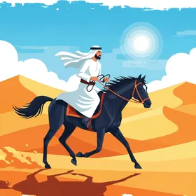 Riding the purebred Arabian horse, an illustration of an Arab man riding a black horse in the desert under a bright sun, vector illustration.