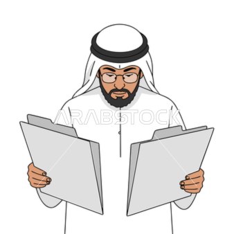 An Arab Gulf Emirati man wearing a kandura and ghutrah reviews documents attentively, business or law analysis, focus and cultural representation, vector illustrator.