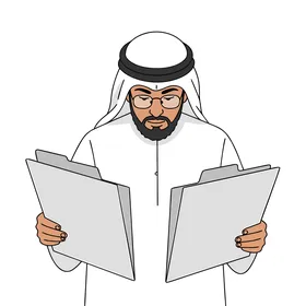 An Arab Gulf Emirati man wearing a kandura and ghutrah reviews documents attentively, business or law analysis, focus and cultural representation, vector illustrator.