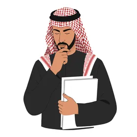 A Saudi businessman wearing a Saudi thobe and shemagh holds important documents and is thinking about business strategy, with expressions of thought and decision-making, vector illustration.