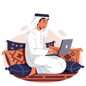 Modern work culture with a touch of heritage, an Emirati young man wearing a kandura and ghutrah sits comfortably on traditional cushions using his laptop, vector illustrator.