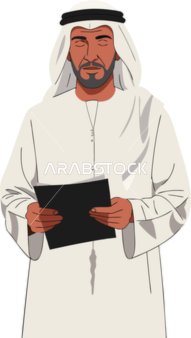A Saudi businessman wearing a Saudi thobe and shemagh holds important documents and is thinking about business strategy, with expressions of contemplation and decision-making, vector illustration.