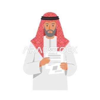 A Saudi businessman wearing a Saudi thobe and shemagh holds important documents and is thinking about business strategy, with expressions of thought and decision-making, vector illustration.