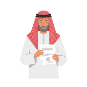 A Saudi businessman wearing a Saudi thobe and shemagh holds important documents and is thinking about business strategy, with expressions of thought and decision-making, vector illustration.