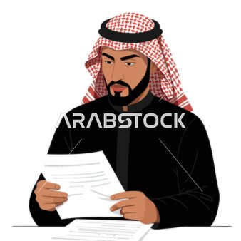 تعابير التفكير واتخاذ القرار ، رجل أعمال سعودي يرتدي الثوب السعودي والشماغ يحمل وثائق مهمة يفكر في استراتيجية الأعمال،  فيكتور اليستريتور