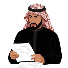 تعابير التفكير واتخاذ القرار ، رجل أعمال سعودي يرتدي الثوب السعودي والشماغ يحمل وثائق مهمة يفكر في استراتيجية الأعمال،  فيكتور اليستريتور