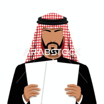 تعابير التفكير واتخاذ القرار ، رجل أعمال سعودي يرتدي الثوب السعودي والشماغ يحمل وثائق مهمة يفكر في استراتيجية الأعمال،  فيكتور اليستريتور