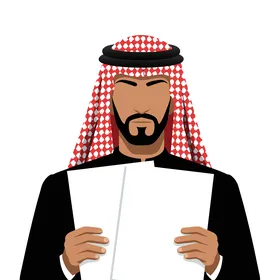 تعابير التفكير واتخاذ القرار ، رجل أعمال سعودي يرتدي الثوب السعودي والشماغ يحمل وثائق مهمة يفكر في استراتيجية الأعمال،  فيكتور اليستريتور
