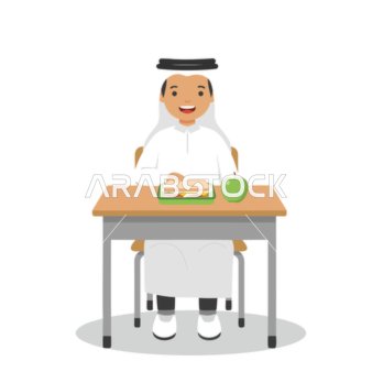 العودة الى المدارس، طالب عربي خليجي اماراتي مبتهج يرتدي الكندورة والغترة  يجلس على مكتبه بابتسامة مشرقة يستمتع بوجبة الغداء في المدرسة وامامه ساندويتش وتفاحة خضراء صحية، فيكتور اليستريتور