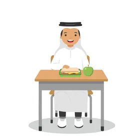العودة الى المدارس، طالب عربي خليجي اماراتي مبتهج يرتدي الكندورة والغترة  يجلس على مكتبه بابتسامة مشرقة يستمتع بوجبة الغداء في المدرسة وامامه ساندويتش وتفاحة خضراء صحية، فيكتور اليستريتور