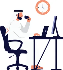Drinking coffee, a cheerful Emirati Gulf Arab man wearing a kandura and ghutrah sitting at his desk and using a computer, vector illustration.