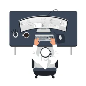 استخدام التكنولوجيا الحديثة  ، مبرمج  عربي خليجي اماراتي مبتهج يرتدي الكندورة والغترة  يجلس على مكتبه ويستخدم جهاز الكمبيوتر يركز على الترميز على شاشة بانورامية،امامه ادوات مكتبية  فيكتور اليستريتور