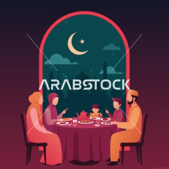 اعياد ومناسبات اسلامية ، رسم توضيحي لإفطار رمضاني دافئ يجمع عائلة حول مائدة، يتشاركون وجبة تحت ضوء القمر، يحتفلون بالوحدة وبركات الشهر الفضيل،  فيكتور اليستريتور