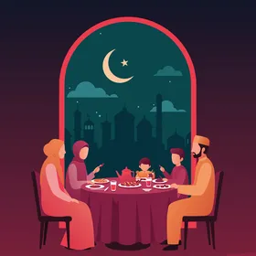 اعياد ومناسبات اسلامية ، رسم توضيحي لإفطار رمضاني دافئ يجمع عائلة حول مائدة، يتشاركون وجبة تحت ضوء القمر، يحتفلون بالوحدة وبركات الشهر الفضيل،  فيكتور اليستريتور