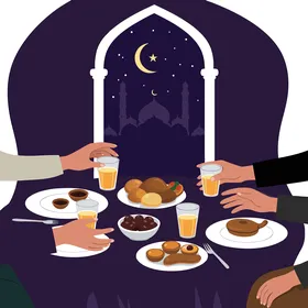 Islamic holidays and occasions, an illustration of a joyful iftar feast, sharing blessings and breaking the fast together under the light of the crescent moon, vector illustration.