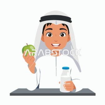 تعزيز العافية والوعي الثقافي، رسم توضيحي لصبي صغير يرتدي الزي العربي التقليدي يستمتع بوجبة خفيفة صحية من تفاحة خضراء وزجاجة منعشة من الحليب،  فيكتور اليستريتور