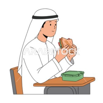 استراحة من العمل أو الدراسة، رسم توضيحي لشاب عربي خليجي اماراتي يرتدي الكندورة والغترة يستمتع بساندويتش على مكتبه،  فيكتور اليستريتور