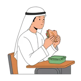 استراحة من العمل أو الدراسة، رسم توضيحي لشاب عربي خليجي اماراتي يرتدي الكندورة والغترة يستمتع بساندويتش على مكتبه،  فيكتور اليستريتور