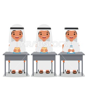 The joy of childhood and the importance of school nutrition, illustrations of Gulf Arab Emirati boys wearing kandura and ghutrah sitting at school desks enjoying lunch, vector illustrator.