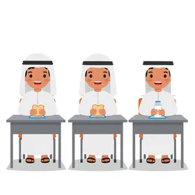 The joy of childhood and the importance of school nutrition, illustrations of Gulf Arab Emirati boys wearing kandura and ghutrah sitting at school desks enjoying lunch, vector illustrator.