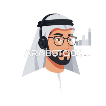 فيكتور رسم توضيحي لرجل أعمال إماراتي يرتدي الكندورة والغترة وسماعة رأس يقدم المشورة والدعم الخبير في عالم التمويل والتكنولوجيا الديناميكي، فيكتور اليستريتور