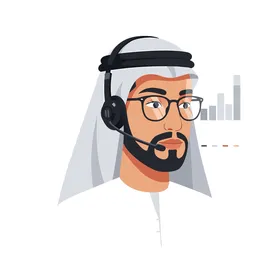 فيكتور رسم توضيحي لرجل أعمال إماراتي يرتدي الكندورة والغترة وسماعة رأس يقدم المشورة والدعم الخبير في عالم التمويل والتكنولوجيا الديناميكي، فيكتور اليستريتور