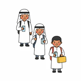 Education and cultural heritage, a vector illustration of three young students wearing traditional clothing preparing for school with backpacks, water bottles, and lunch boxes, vector illustrator.