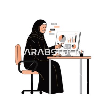 Achieving success in the global market, a vector illustration of a Saudi Arabian businesswoman wearing an abaya and hijab analyzing financial data on her computer, vector illustrator.